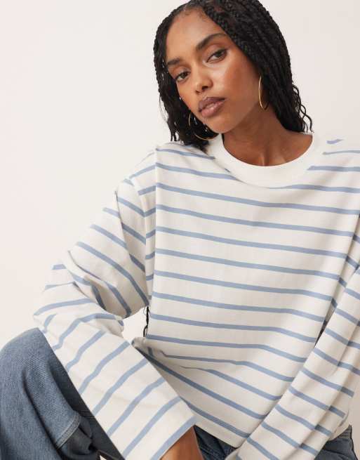 ASOS DESIGN long sleeve boxy cropped t-shirt in cream & blue stripe