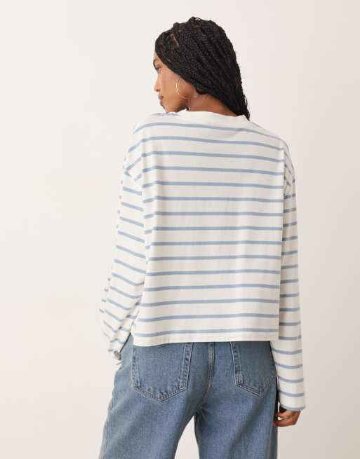 ASOS DESIGN long sleeve boxy cropped t-shirt in cream & blue stripe