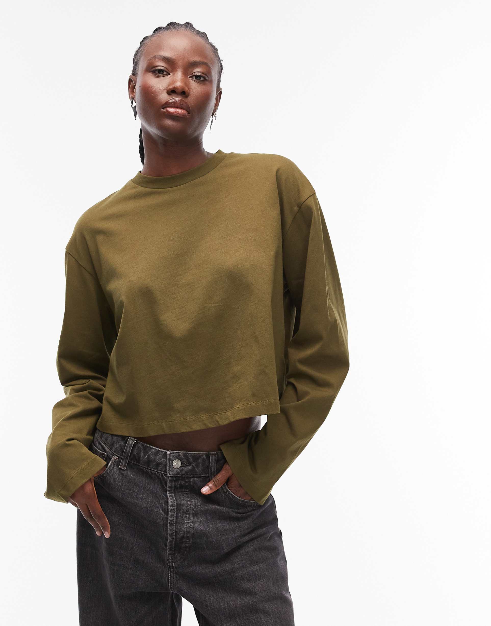 asos design long sleeve boxy cropped t-shirt in dark olive