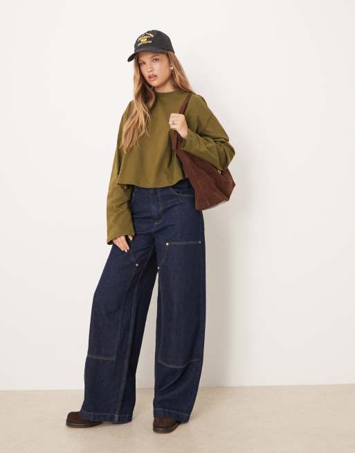 ASOS DESIGN long sleeve boxy cropped t-shirt in dark olive