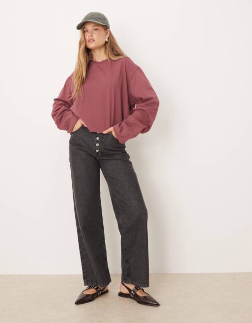 ASOS DESIGN long sleeve boxy cropped t-shirt in dark rose, 2 of 4