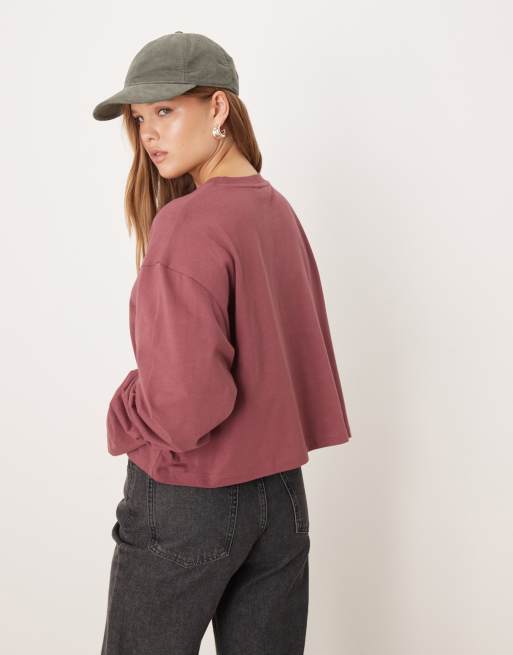 ASOS DESIGN long sleeve boxy cropped t-shirt in dark rose, 3 of 4