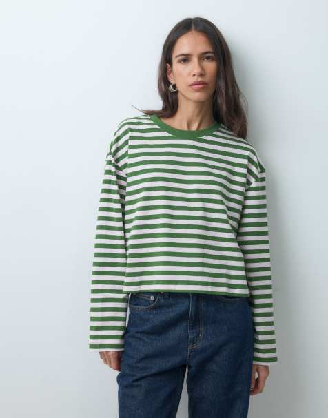 ASOS DESIGN long sleeve boxy cropped t-shirt in green stripe - view 1