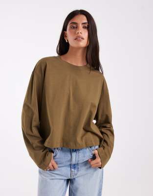 Asos Design Long Sleeve Boxy Cropped T-shirt In Green