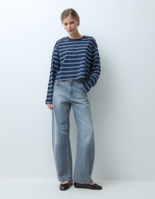 ASOS DESIGN long sleeve boxy cropped t-shirt in navy & teal stripe, 3 of 4