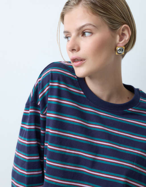 ASOS DESIGN long sleeve boxy cropped t-shirt in navy & teal stripe, 4 of 4
