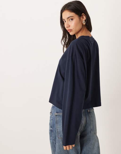 ASOS DESIGN long sleeve boxy cropped t-shirt in navy, 3 of 4