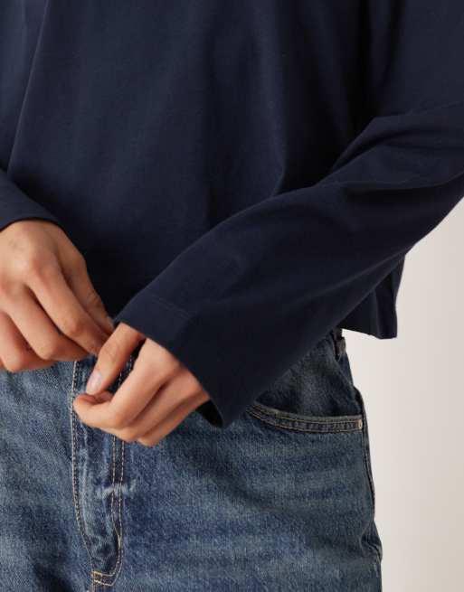 ASOS DESIGN long sleeve boxy cropped t-shirt in navy, 4 of 4