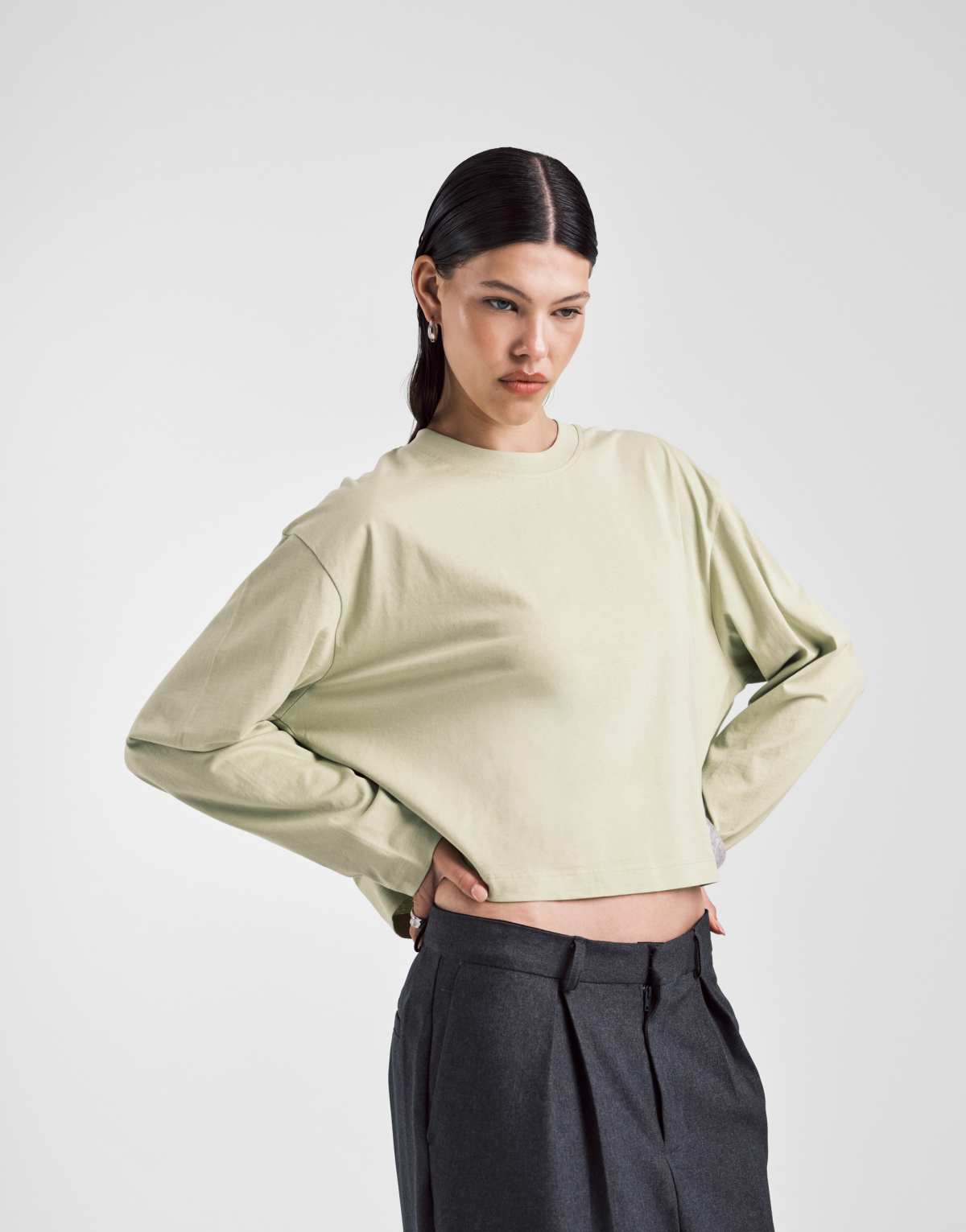 ASOS DESIGN long sleeve boxy cropped t-shirt in olive