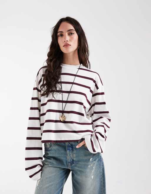 ASOS DESIGN long sleeve boxy cropped t-shirt in plum stripe, 2 of 4