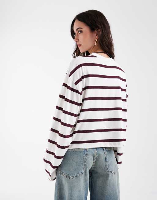 ASOS DESIGN long sleeve boxy cropped t-shirt in plum stripe, 4 of 4