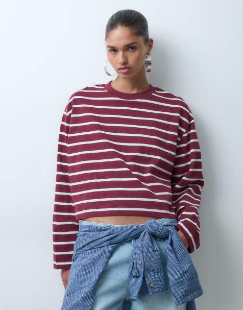 ASOS DESIGN long sleeve boxy cropped t-shirt in plum stripe