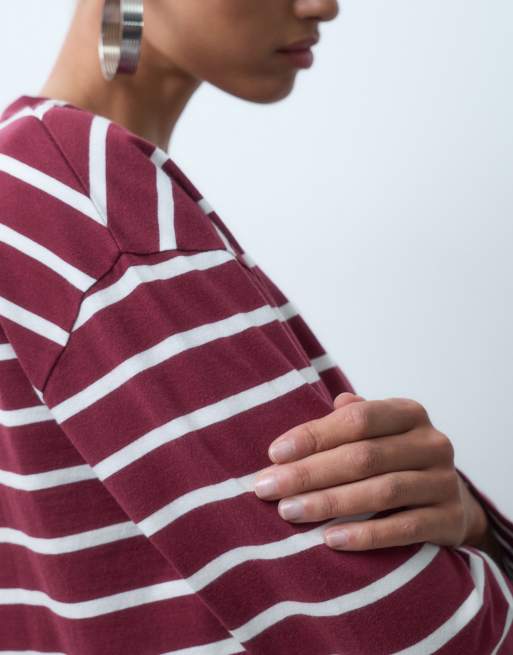 ASOS DESIGN long sleeve boxy cropped t-shirt in plum stripe, 3 of 4