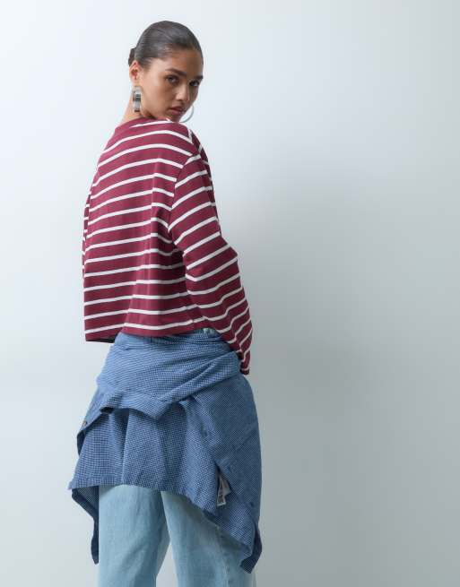 ASOS DESIGN long sleeve boxy cropped t-shirt in plum stripe, 4 of 4