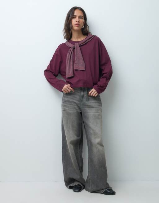 ASOS DESIGN long sleeve boxy cropped t-shirt in plum, 2 of 4
