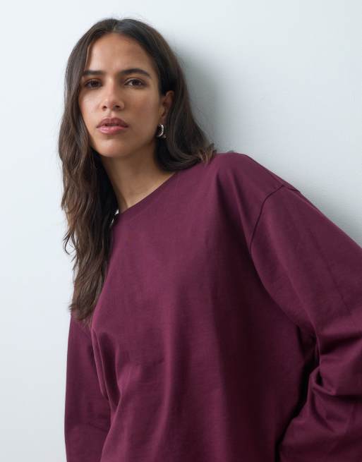ASOS DESIGN long sleeve boxy cropped t-shirt in plum, 3 of 4