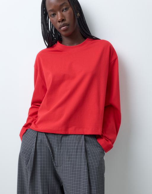 ASOS DESIGN long sleeve boxy cropped t-shirt in red, 5 of 5