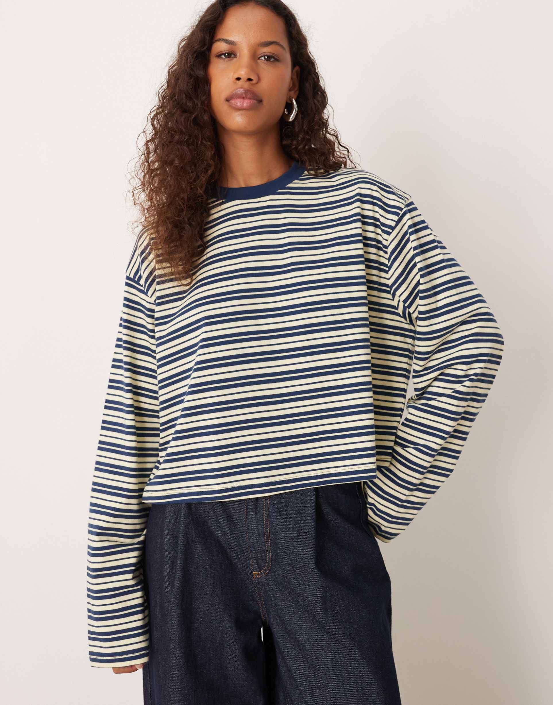 asos design long sleeve boxy cropped t-shirt in yellow & navy stripes