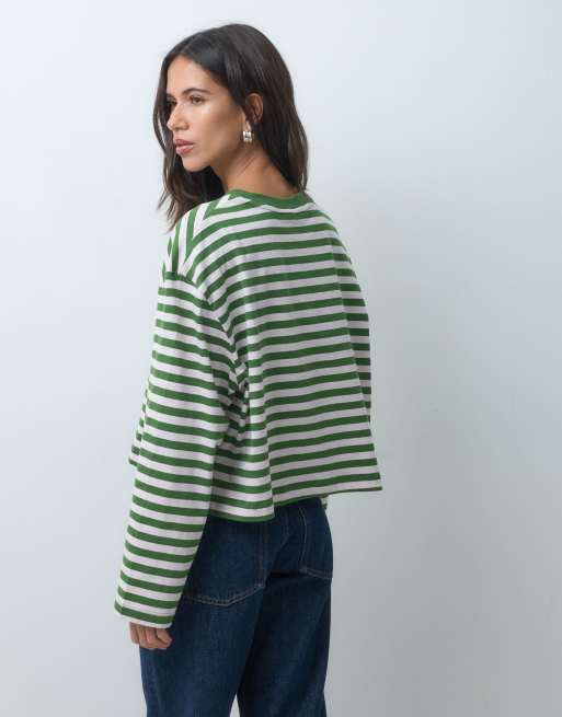 ASOS DESIGN long sleeve boxy cropped t-shirt pink & khaki stripe, 3 of 4