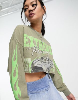 ASOS DESIGN long sleeve boxy cropped t-shirt with extreme racing in washed khaki