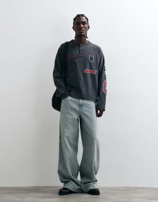 ASOS DESIGN long sleeve boxy oversized henley t-shirt with street graphics in gray, 2 of 5