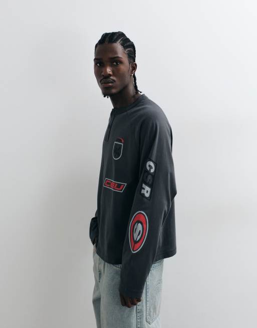ASOS DESIGN long sleeve boxy oversized henley t-shirt with street graphics in gray, 3 of 5