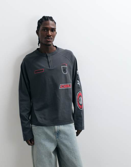 ASOS DESIGN long sleeve boxy oversized henley t-shirt with street graphics in grey, 4 of 5