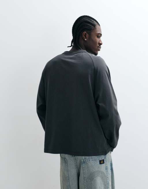 ASOS DESIGN long sleeve boxy oversized henley t-shirt with street graphics in grey, 5 of 5