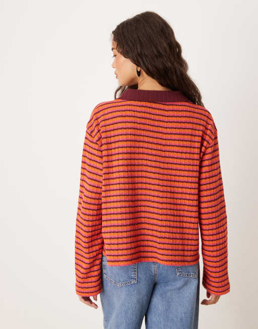 ASOS DESIGN long sleeve boxy rugby collared top in bright stripes