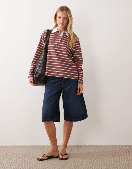 ASOS DESIGN long sleeve boxy rugby polo top in burgundy and white stripe, 2 of 4