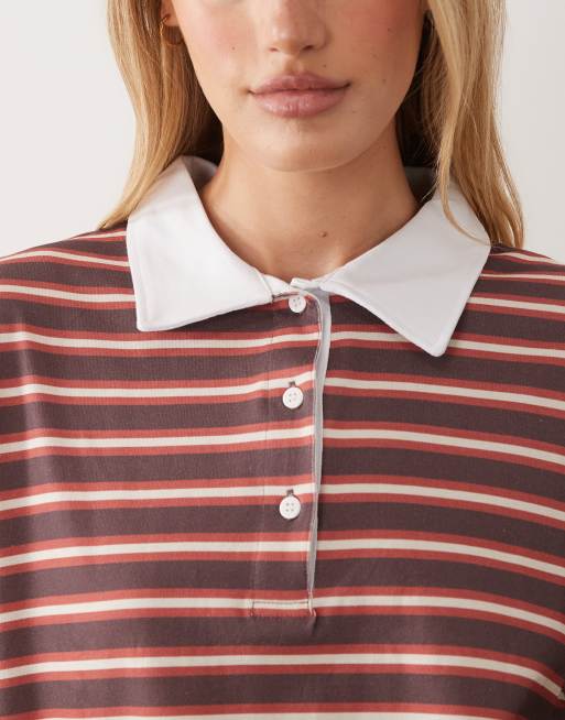 ASOS DESIGN long sleeve boxy rugby polo top in burgundy and white stripe, 3 of 4