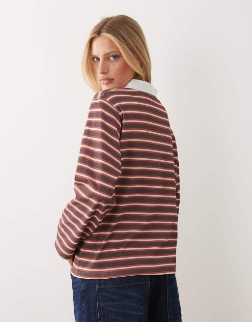 ASOS DESIGN long sleeve boxy rugby polo top in burgundy and white stripe, 4 of 4