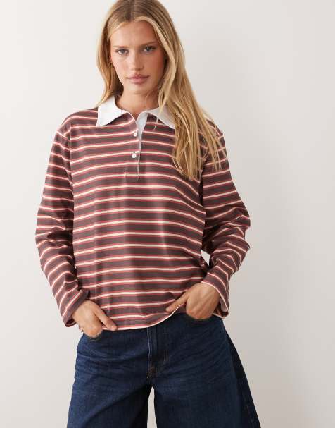 ASOS DESIGN long sleeve boxy rugby polo top in burgundy and white stripes - view 1