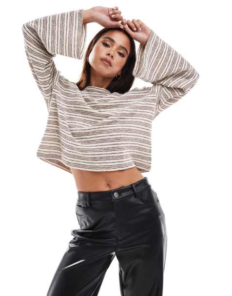 ASOS DESIGN long sleeve boxy tee in beige stripe - view 1