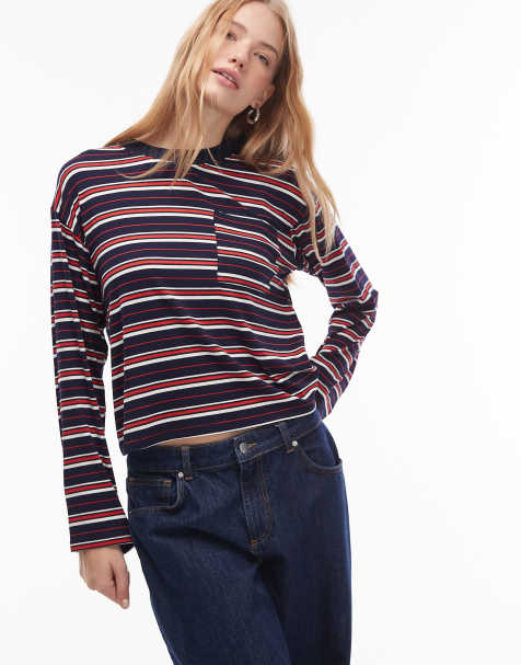 ASOS DESIGN long sleeve boxy tee in stripe in navy stripe - view 1