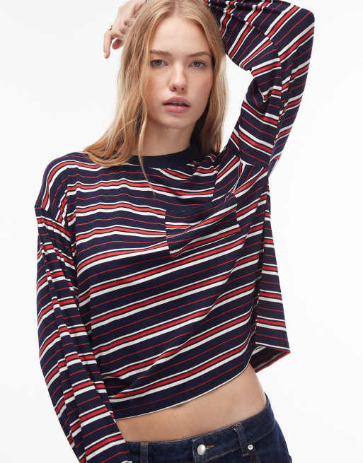 ASOS DESIGN long sleeve boxy tee in stripe in navy stripe, 4 of 4