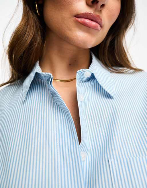 ASOS DESIGN cotton stripe oversized sleep shirt in blue & white