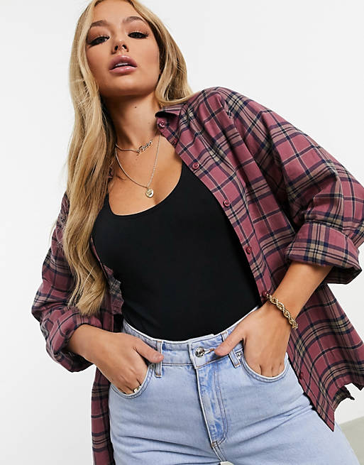 Tops Shirts & Blouses/long sleeve boyfriend shirt in dark red and navy check 