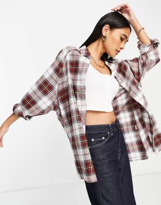 ASOS DESIGN long sleeve boyfriend shirt in dark red and white check-Multi