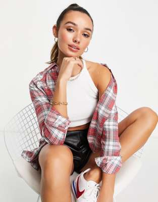 ASOS DESIGN long sleeve boyfriend shirt in dark red and white check - ASOS Price Checker