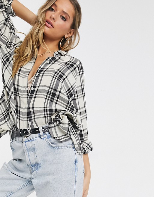 ASOS DESIGN long sleeve boyfriend shirt in ivory and black check