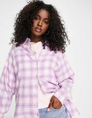 ASOS DESIGN long sleeve boyfriend shirt in lilac & pink check-Multi