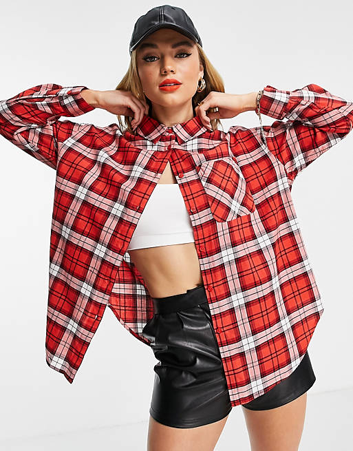 ASOS DESIGN long sleeve boyfriend shirt in red and white check