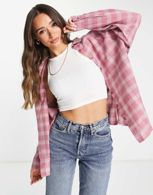 ASOS DESIGN long sleeve boyfriend shirt in rust and white check print