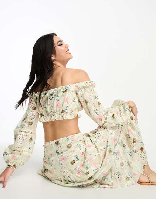 ASOS DESIGN long sleeve broderie top with lace inserts and ruffle detail  co-ord in floral print