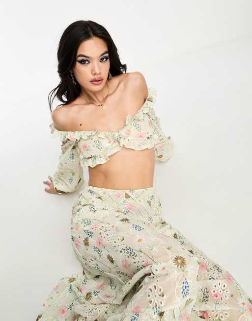 ASOS DESIGN long sleeve broderie top with lace inserts and ruffle detail  co-ord in floral print