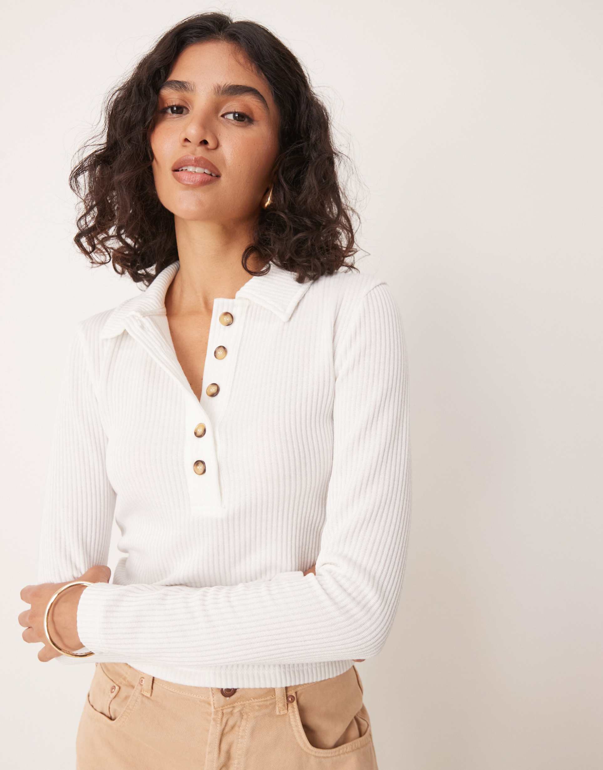 asos design long sleeve button down ribbed top in white