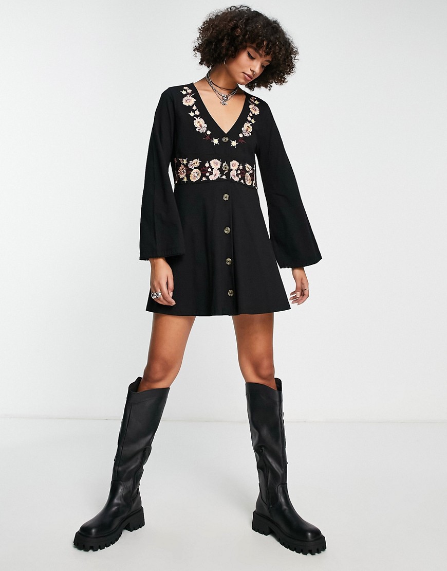 ASOS DESIGN long sleeve button down waisted mini dress with floral embroidery in black