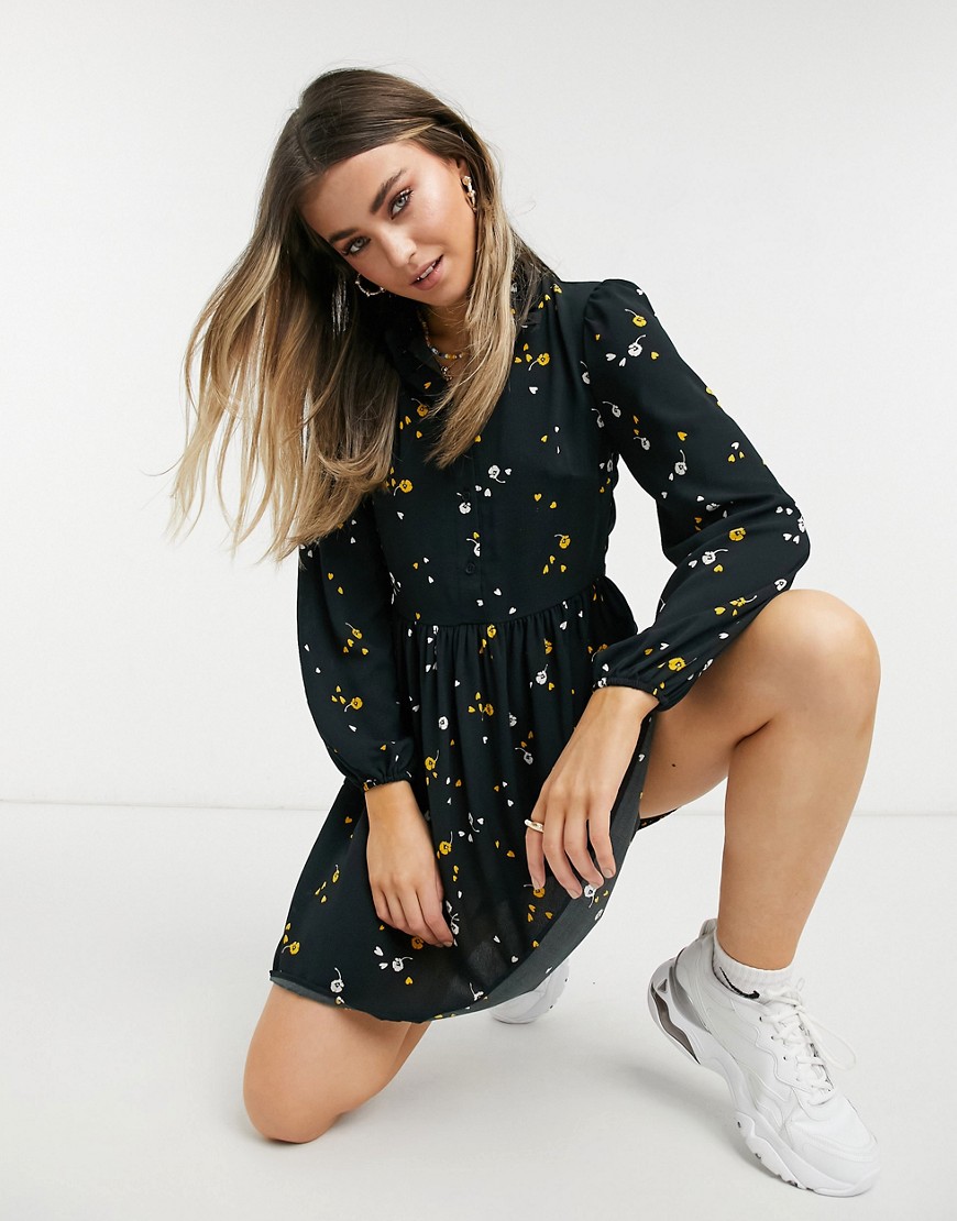 ASOS DESIGN long sleeve button front mini smock dress in floral print-Multi
