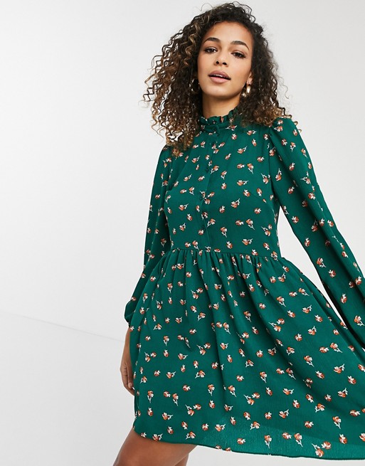 ASOS DESIGN long sleeve button front mini smock dress in floral print
